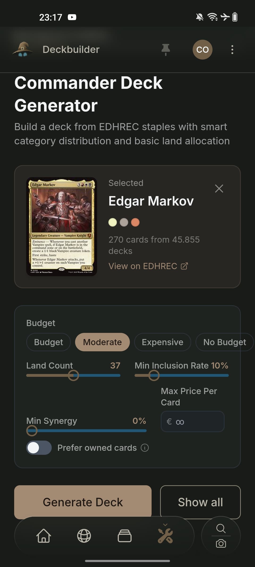 Commander deck generator from EDHREC staples