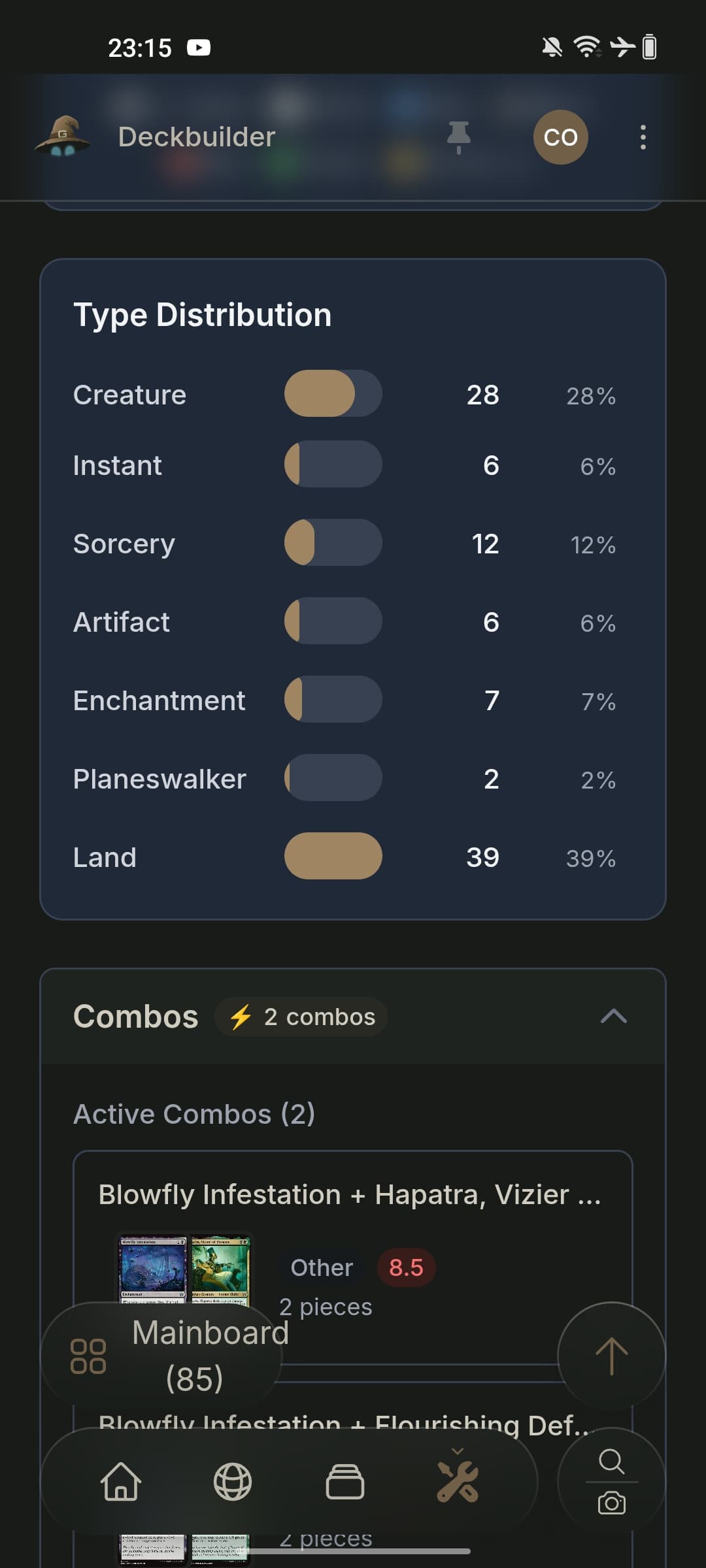 Deck builder with type distribution and combos
