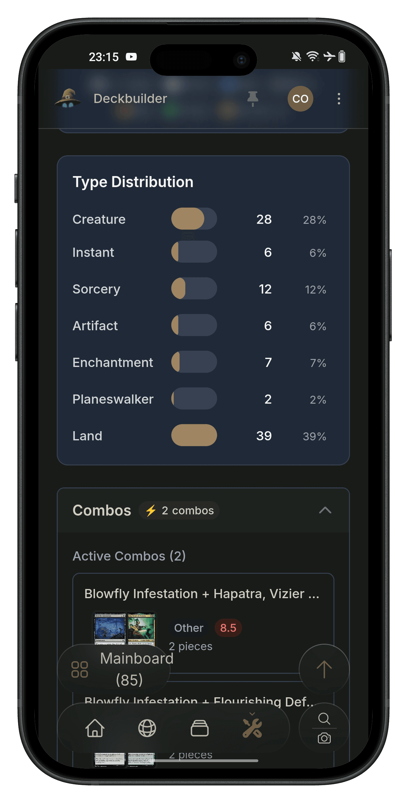 Deck builder with type distribution and combos