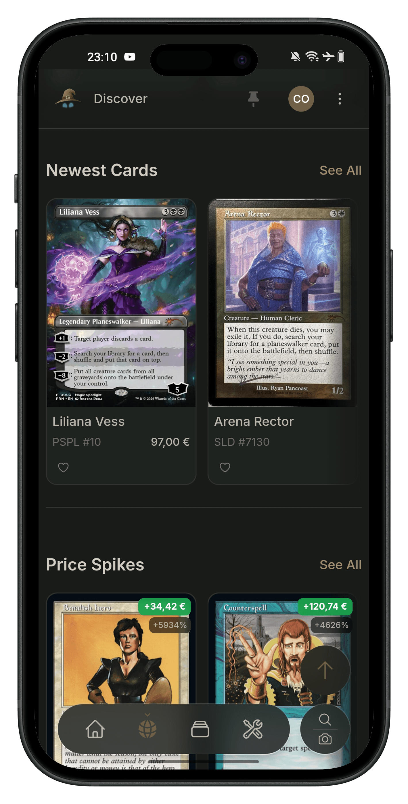 Discover page with newest cards and price spikes