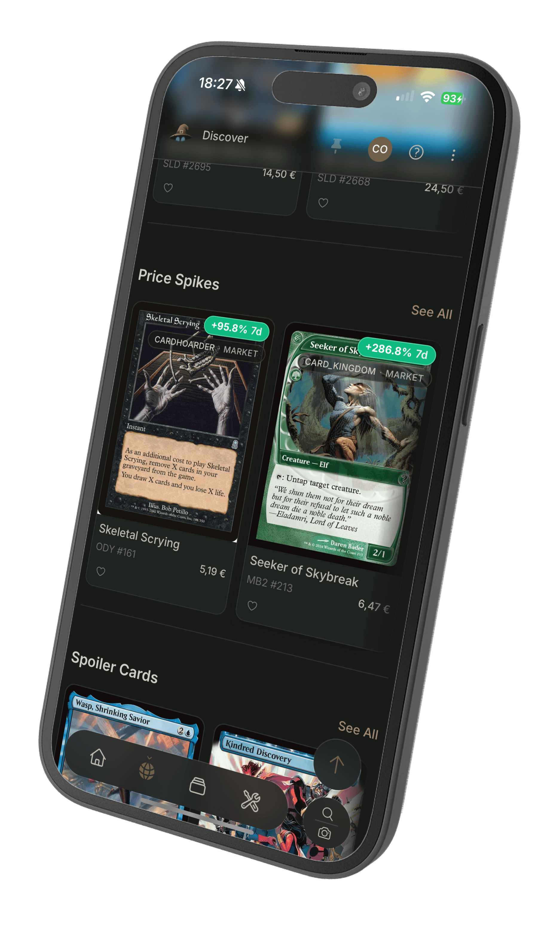 Grimoria MTG discover and price spikes on iPhone
