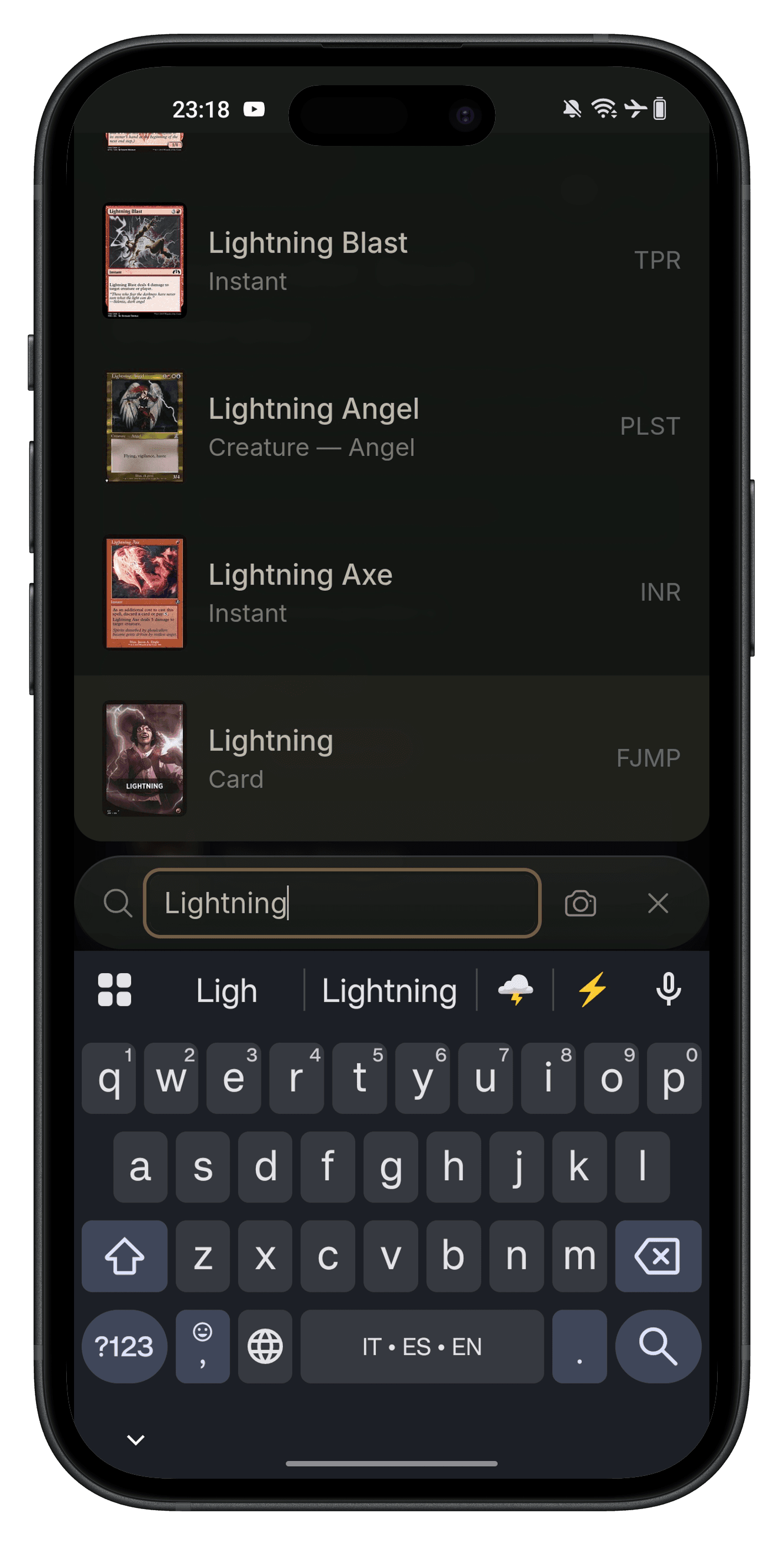Instant card search with keyboard input